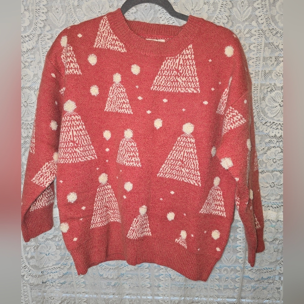 And The Why Red Womens Sweater With Pom Trees, NWT, S/M